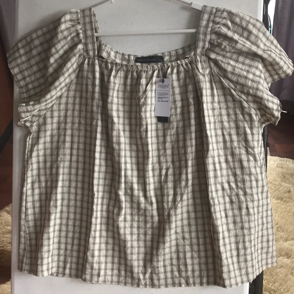 Zanzea Collection Plus Top 5x (see measurements) White Gray/Green Yellow Plaid